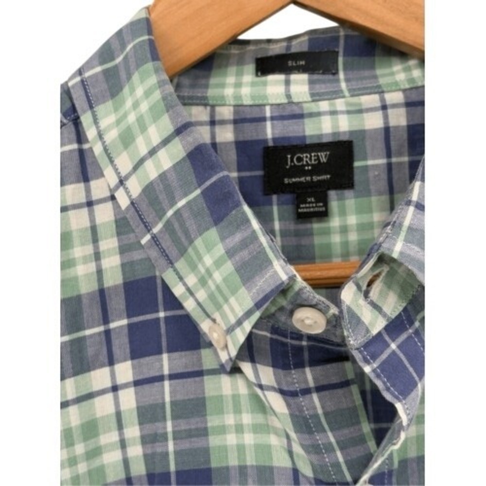 J. Crew Button Down Shirt Long Sleeve Men XL Blue Green Plaid Cotton Slim Summer